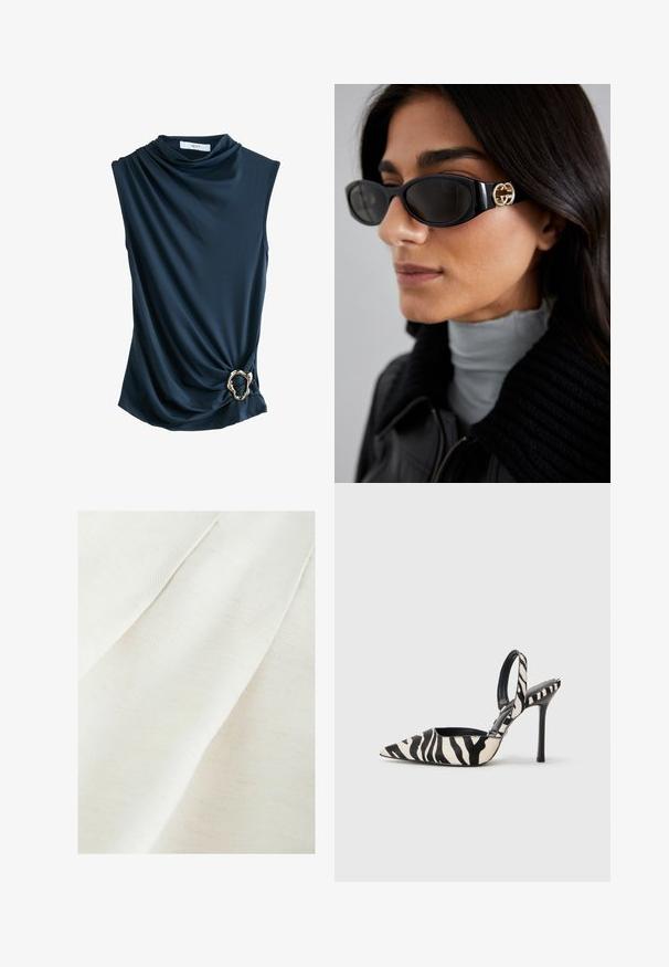 Top senza maniche di colore navy con tessuto drappeggiato, scollatura a cowl e un accento in anello metallico dorato in vita, che offre una texture morbida e liscia.; Tessuto in off-white con una leggera trama testurizzata, caratterizzato da morbide pieghe e leggere macchie. Finitura liscia e morbida.; Tacco slingback con punta affusolata in stampa zebras nera e crema, con un tacco alto sottile e design aperto sul retro con interno nero.; Occhiali da sole neri con una montatura rettangolare elegante e un accento del logo dorato sul lato. Le lenti scure e la finitura lucida sono evidenti.; Borsa a tracolla in ecopelle bianca con patta pieghevole, hardware dorato e tracolla removibile. Presenta una chiusura con fibbia e una superficie liscia.