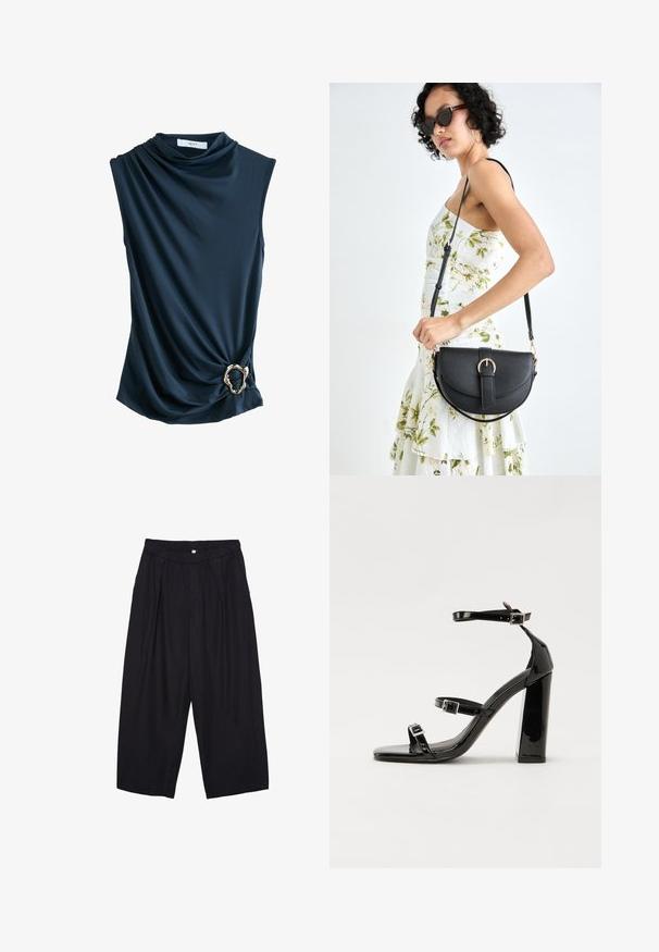 Top senza maniche di colore navy con tessuto drappeggiato, scollatura a cowl e un accento in anello metallico dorato in vita, che offre una texture morbida e liscia.; Pantaloni culotte neri in poliestere con una cintura elastica, due pieghe frontali e una silhouette ampia. Nessun motivo visibile o dettagli in metallo.; Sandali con tacco alto in vernice nera con due cinturini con fibbia, punta quadrata e tacco spesso a blocco, caratterizzati da una texture liscia e lucida.; Borsa a tracolla nera in pelle con una forma curva, manico rimovibile e accessori dorati. La borsa presenta una patta con un dettaglio a fibbia.