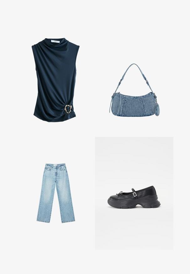 Marinefarbener ärmelloser Top mit drapiertem Stoff, Wasserfallausschnitt und einem metallic-goldenen Ringakzent in der Taille, der eine glatte, weiche Textur bietet.; Helle blaue Denim-Jeans mit weitem Bein und hoher Taille, im lässigen Look mit einem ausgewaschenen Finish und kleinen, verstreuten Used-Effekten.; Schwarze Leder-Mary-Jane-Schuhe mit einer abgerundeten Zehenpartie, Schleifendetail und verstellbarem Knöchelriemen. Mit einer stabilen Gummisohle mit geschwungenen Akzenten.; Denim-Handtasche mit geschwungener Form, hellblauer Farbe, verstellbarem Schultergurt und einem kleinen abnehmbaren Täschchen mit metallischen Akzenten.
