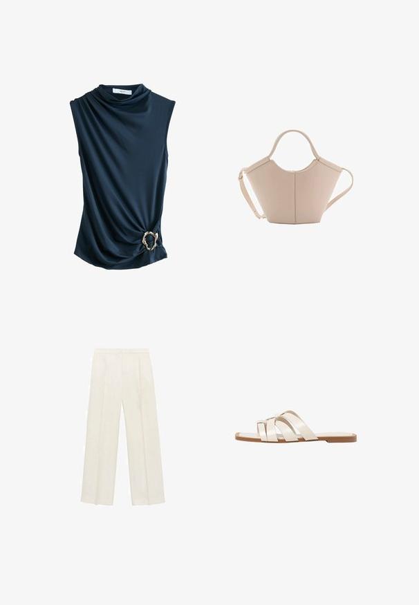 Mornarsko bez rukava s drapiranim materijalom, s izrezom u obliku kulirne oglavine i metalnim zlatnim prstenom kao naglaskom na struku, koji nudi glatku, meku teksturu.; Hlače širokog kroja u svijetloj krem boji. Izrađene su od glatkog materijala s plisama sprijeda i bočnim džepovima.; Ravne sandale s smeškom od gume, dizajnirane s tri preklapajuće bele kožne trake i malim detaljem mašne u sredini.; Bež kožna torba jedinstvenog oblika, s dva kratka ručka i dugom podesivom trakom. Glatka tekstura s minimalnim metalnim dodacima.