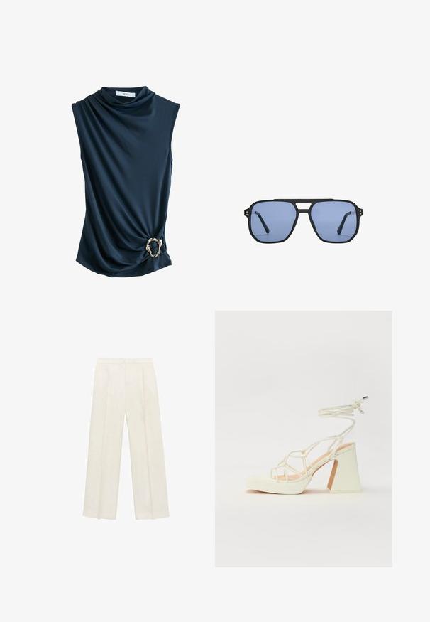 Marineblauw mouwloos topje met gedrapeerd stof, een colhals en een metallic gouden ringaccent op de taille, dat een soepele, zachte textuur biedt.; Wijdgevallen broeken in een lichtcrème kleur. Gemaakt van een zachte stof met plooien aan de voorkant en zijzakken.; Witte hoge hakken sandaal met een chunky hak, met een bandjesontwerp en enkelband. Gladde textuur met een plateau voor extra hoogte.; Stradivarius RETRO - Zonnebril - light blue