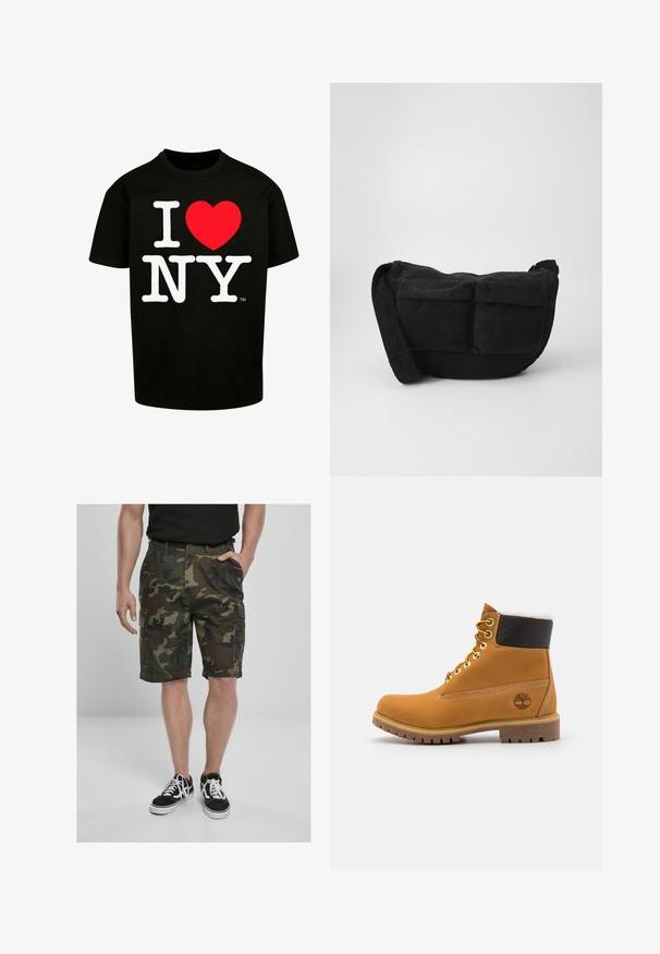 Črna bombažna majica s kratkimi rokavi, ki prikazuje bold belo besedilo "I ♥ NY" z rdečim srčkastim grafičnim elementom ter okroglo ovratnikom.; Kamuflažne cargo šortse z cargo žepi, izdelane iz tkanine v zelenih in rjavih odtenkih. V kombinaciji s črnimi športnimi copati z belimi vezalkami.; Rjave usnjene gležnjarje z metalnimi luknjami, belim krznom na notranji strani, črnima oblazinjeno ovratnikom, trdo podplatom in vtisnjenim logotipom na strani.; Črno kordurojno crossbody torbico z nastavljivim trakom, ki ima sprednje žepe in mehko teksturo. Kompaktna zasnova z minimalnim okrasjem.