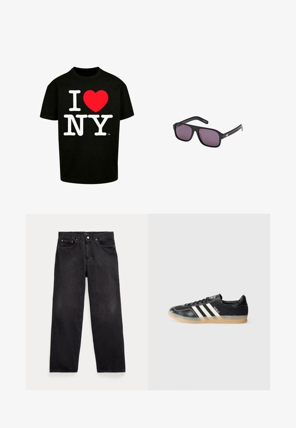 Schwarzes Baumwoll-T-Shirt mit großem weißem "I", rotem Herz und weißem "NY"-Grafikdruck. Klassischer Rundhalsausschnitt, kurze Ärmel. Einfach und auffällig.; Schwarze Denim-Jeans mit einem lässigen Schnitt, ausgestattet mit fünf Taschen, einem Knopfverschluss und subtilen Verwaschungen im Stoff.; Schwarzer Sportschuh mit weißen Streifen, strukturiertem Stoff, glattem Lederzehen und einer Sohle aus Gummi. Mit Logo auf der Zunge.; Schwarze Sonnenbrille mit quadratischem Rahmen, dunklen Gläsern und einem goldenen Logoakzent am Bügel. Glattes Kunststoffmaterial mit matter Oberfläche.