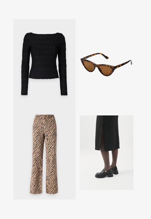 Czarny top z długim rękawem, z teksturowanym, falistym wzorem. Posiada kwadratowy dekolt i dopasowany krój w talii, wykonany z elastycznego materiału.; Czarna bluzka z długimi rękawami, wykonana z przeźroczystego materiału, z falbanami z przodu oraz koronkowymi akcentami na kołnierzu i mankietach.; Spodnie o szerokich nogawkach w wzór tygrysich pasków w odcieniach brązu i czerni, z klasycznym stanem i pięcioma kieszeniami.; Czarne skórzane buty z okrągłym noskiem, grubym blokowym obcasem i elastycznymi akcentami po bokach, zestawione z ciemnymi rajstopami i czarną spódnicą z rozcięciem.; Okulary przeciwsłoneczne w kształcie kocich oczu z czarno-pomarańczową oprawą w deseń żółwia, brązowymi soczewkami i eleganckimi, spiczastymi końcówkami. Posiadają minimalistyczne logo na zauszniku.