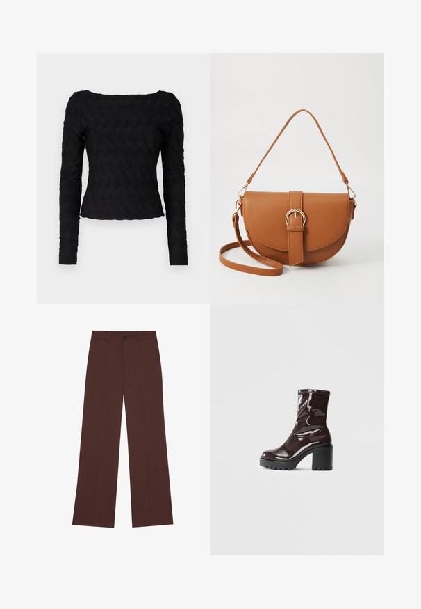 Black long-sleeve top with a textured, wavy pattern. Features a square neckline and fitted design at the waist, made from stretchy fabric.; Wide-leg trousers in a rich brown fabric. Features a button closure, two front pockets, smooth texture, and clean lines.; Glossy burgundy ankle boot with a chunky black heel, featuring a smooth texture and simple design. No visible fastenings or patterns.; Brown leather crossbody bag with a curved shape, gold hardware, and a buckle accent. Features a detachable shoulder strap.