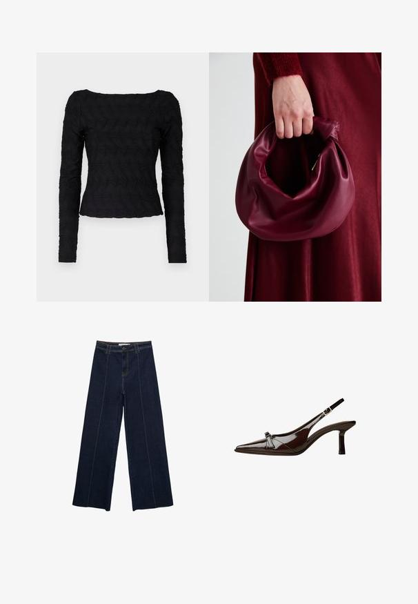 Črn dolg rokav s teksturiranim, valovitim vzorcem. Ima kvadratni dekolte in tesno prileganje v predelu pasu, izdelan iz raztegljive tkanine.; Široke temno jeans hlače z kontrastnim šivanjem, visok pas in ravno krojenje. Imajo sprednje žepe in klasično zapiranje s gumbom.; Rjave lakirane slingback čevlje z oglatim nosom, nizko peto in dekorativno pentljo na sprednji strani. Gladka, sijoča tekstura.; Bordo usnjeni ročni torbici s mehak, nabrana zasnova in okrogla oblika. Ročaj je varen in prikazuje gladko teksturo.