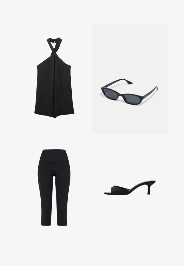 Črna brezrokavna majica s povezanimi ovratniki in ohlapnim krojem. Narejena iz teksturirane tkanine, ki ima subtilen lesk in zapenjanje na gumb.; Črne legice do tri četrtine, izdelane iz elastičnega materiala, z visokim pasom in brez vidnih vzorcev ali dodatkov.; Črne natikače na peto z širokim, odprtim prstom in ukrivljenim zgornjim delom. Narejene iz teksturiranega materiala, imajo vitko peto in gladko podplat.; Črne mačkaste sončne očala z temnimi lečami, plastičnim okvirjem, ozkimi stebli ter diskretnim logotipom na notranji strani ročaja. Mat zaključna tekstura.