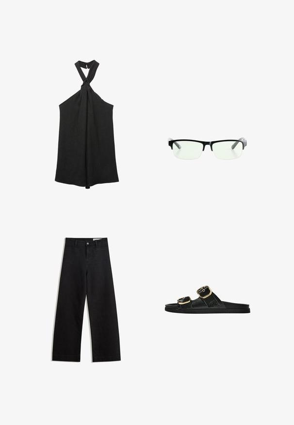 Czarny bezrękawnik z węzłowym dekoltem na szyi i luźnym krojem. Wykonany z teksturowanej tkaniny, z delikatnym połyskiem i zapięciem na guziki.; Czarne dżinsowe spodnie o szerokich nogawkach i wysokim stanie, z przednimi i tylnymi kieszeniami, przeszyciami oraz zapięciem na guziki. Gładka struktura.; Czarne klapki z dwoma złotymi klamrami, gładki materiał, płaska podeszwa i minimalistyczny design.; Czarne prostokątne okulary z przezroczystymi soczewkami, posiadające eleganckie czarne oprawki i szare transparentne końcówki zauszników. Minimalistyczny design, bez widocznego logo.; Czarna torebka z lakierowanej skóry o zaokrąglonym kształcie, z jednym paskiem na ramię, przednimi kieszeniami i akcentami w kolorze srebrnym.