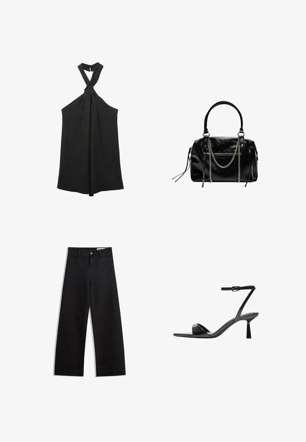 Sort ærmeløs top med en knyttet halterneck og en løs silhuet. Lavet af struktureret stof, der har en subtil glans og knaplukning.; Sorte wide-leg denim bukser med høj talje, der har front- og baglommer, syede sømme og en knaplukning. Glat tekstur.; Bershka Højhælede sandaletter / Højhælede sandaler - black; Bershka WITH CHAIN - Håndtasker - black