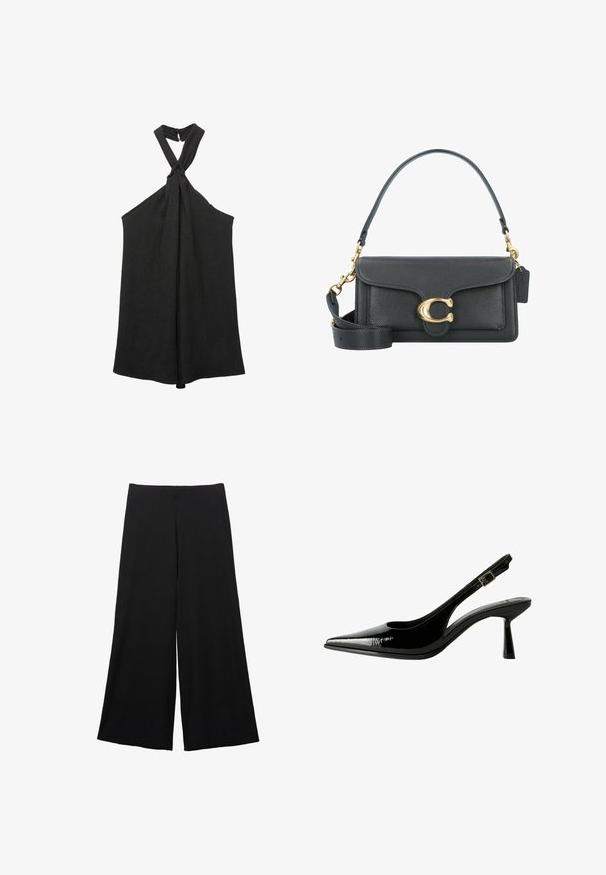 Černý bezrukávový top s uzlem na krku a volným střihem. Vyrobený z texturované látky, s jemným leskem a zapínáním na knoflík.; Černé široké kalhoty vyrobené z měkké látky. Mají vysoký pas a hladkou strukturu bez viditelných vzorů nebo dekorací.; Černé lakované kožené lodičky na podpatku s špičatou špičkou, výřezy na stranách, nastavitelným páskem kolem kotníku a tenkým, elegantním podpatkem.; Černá kožená kabelka se zlatým kováním, s podpisovým zapínáním, odnímatelným ramenním popruhem a texturovaným povrchem.
