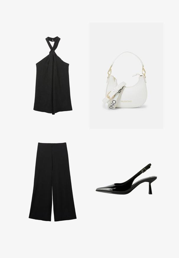 Čierny bezrukávový top s uzlom na krku a voľným strihom. Vyrobený z textúrovanej látky, s jemným leskom a zapínaním na gombíky.; Čierne široké nohavice vyrobené z jemnej látky. Majú vysoký pás a hladký povrch bez viditeľných vzorov či akcentov.; Čierne lakované kožené slingback lodičky s špicatou špičkou, vyrezávanými bokmi, nastaviteľným remienkom okolo členka a tenkým, elegantným podpätkom.; Biela kabelka s zakrivenou siluetou, štruktúrovaná koža, zlaté kovania a odnímateľný popruh s logom a detailom pracky.