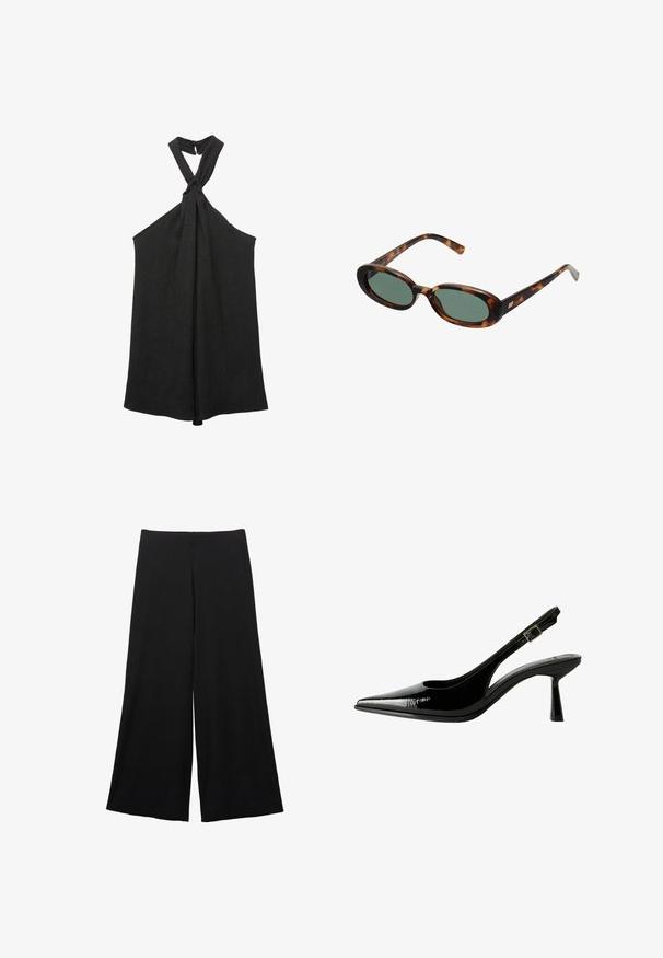 Zwarte mouwloze top met een geknoopt halternek en een losse pasvorm. Gemaakt van textiel met een subtiele glans en knoopsluiting.; Zwarte wijde broek gemaakt van een zachte stof. Heeft een hoge taille en een gladde textuur zonder zichtbare patronen of accenten.; Zwarte gepatineerde leren slingback pump met een spitse neus, uitsparingen aan de zijkanten, een verstelbare enkelband en een dunne, slanke hak.; schildpadbril met ovale monturen en groene lenzen. Heeft dunne spijlen met een metalen accent nabij de scharnieren.