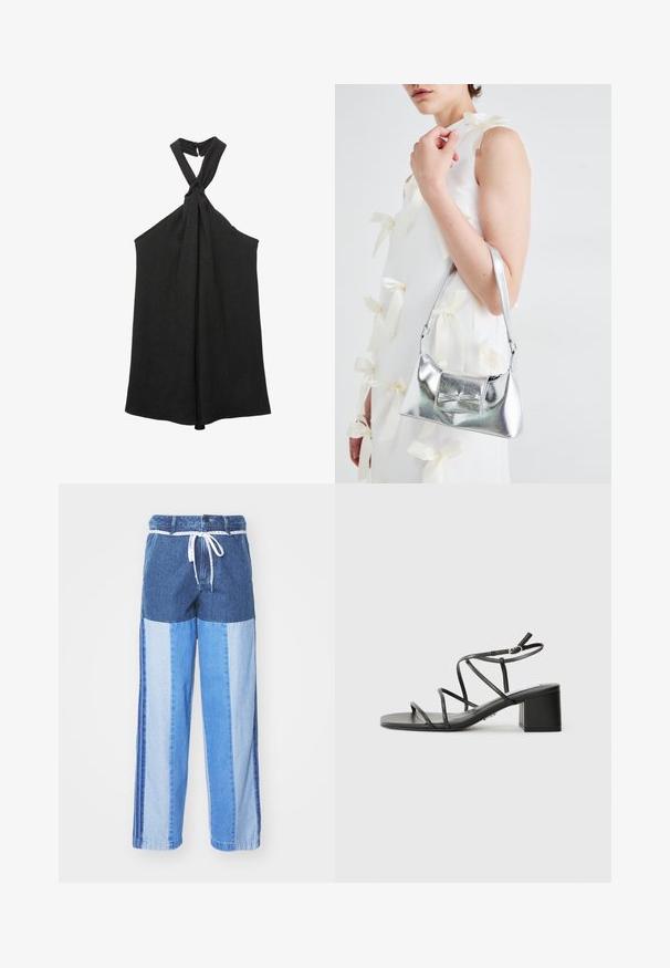 Top senza maniche nero con collo a halter annodato e silhouette morbida. Realizzato in tessuto strutturato, presenta una leggera lucentezza e chiusura con bottoni.; Pantaloni in denim blu con un design a patchwork in diverse sfumature di blu, vita con cordoncino e gambe ampie e dritte.; Sandali neri con cinturini, punta quadrata e tacco spesso, realizzati in materiale morbido. Presentano cinturini regolabili alla caviglia e hardware minimal.; Borsa a mano metallica argento con forma strutturata, dotata di manico superiore e dettaglio a fiocco sulla parte frontale. Texture liscia e finitura riflettente.