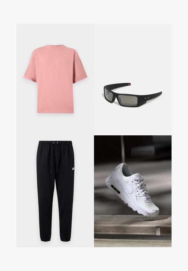 Roza bombažna majica s kratkimi rokavi, okroglim izrezom in vezenim logotipom na sredini. Gladka tekstura in sproščen kroj.; Črne trenirke iz mehkega materiala z elastičnim pasom in vrvico za zategovanje, zoženimi hlačnicami ter majhnim belim logotipom na levi strani.; Bela Nike Air Max 90 športna obutev z mrežastim in usnjenim zgornjim delom, perforiranim prstnim delom in vidno zračno enoto v peti.; Crne sončne naočale s mat površinom, pravokutne leće, blagi luk na sljepilima, diskretna oznaka i leće sa dimnim nijansama.
