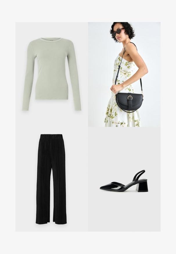 Top cu mânecă lungă dintr-un material rib de culoare verde deschis, cu un guler rotund și un design ajustat. Fără modele sau embellismente vizibile.; Pantaloni negri plisati cu talie elastică. Prezintă picioare largi și un material neted, texturat, cu dungi verticale.; Pantofi cu toc slingback din piele lacuită neagră, cu vârf ascuțit și toc geometric. Prezintă un design elegant, minimalist și o textură netedă.; Geantă din piele neagră, cu o formă curbată, curea detașabilă și accesorii aurii. Geanta are un capac cu un detaliu tip cataramă.