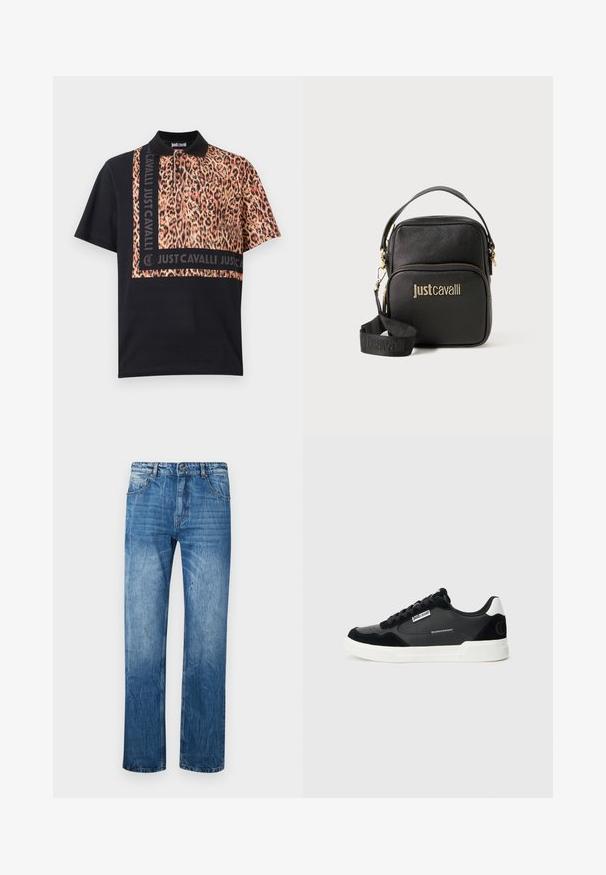 Zwarte poloshirt met een luipaardprintpaneel aan de voorkant, met een zwart merkstrip en korte mouwen. Glad fabricage textuur.; Blauwe spijkerbroek met een rechte snit, voorzien van vijf zakken, riemlussen en subtiele vervaging over de stof.; Zwart-witte low-top sneaker met zwarte veters, witte zool, Just Cavalli-logo op de zijkant en een witte haklip.; Zwarte handtas met textuur en goudkleurig merkembleem. Voorzien van een bovenhandvat en een verstelbare band, ritsluiting en vierkante vorm.