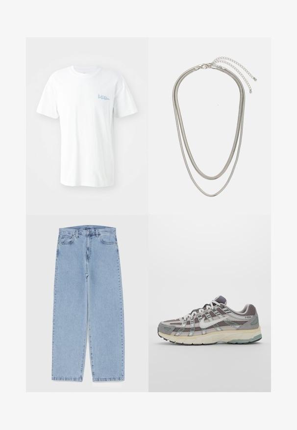 White cotton T-shirt with short sleeves. Features a light blue printed "LEE" logo on the left chest. Crew neckline, standard fit.; Light blue denim jeans with straight leg design, featuring a mid-rise waist, five pockets, and a button and zipper closure.; Gray athletic shoe featuring a mesh and suede upper, white accents, a cushioned sole, and a distinctive design with reflective elements.; Three-layered silver metal necklace featuring sleek, flexible chains with a slight sheen, secured with a lobster clasp and adjustable chain.