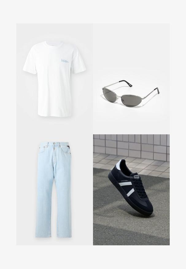 White cotton T-shirt with short sleeves. Features a light blue printed "LEE" logo on the left chest. Crew neckline, standard fit.; Light blue denim jeans with a straight leg design. Features a button and zipper closure, five pockets, and contrast stitching.; Black leather sneaker with white stripes, textured rubber sole, and lace-up front. Features a branded label on the tongue.; Sunglasses with a sleek, silver metal frame, gray tinted lenses, and an aerodynamic design featuring pointed edges and thin arms.