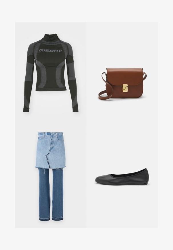 Fekete, hosszú ujjú teljesítmény felső, magas nyakkal, rugalmas anyagból készült, kontrasztos szürke vonalmintázattal és "MISBHV" logóval az elején.; Denim ruházat, amely egy világoskék mini szoknyát kombinál sötétkék, bővülő farmerral; bontott szegéllyel és klasszikus denim textúrával rendelkezik.; Fekete bőr balettcipő lekerekített orral, sima tekstúrával, minimális varrással és rugalmas talp kialakítással.; Barna bőr kézitáska, hajtókás zárással, arany színű fém kiegészítőkkel, vállpánttal és sima felülettel. Kompakt téglalap alakú.