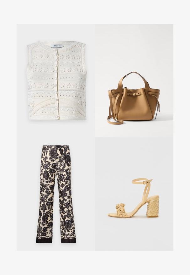 Bezrukávový krémový pletený top s kvetinovou výšivkou, textúrovanými vzormi, zapínaním na perlové gombíky a čipkovými detailmi. Okrúhly výstrih.; Kvetinové nohavice s širokými nohavicami v krémovej farbe s čiernymi odtieňmi. Vyrobené z hodvábneho materiálu a s kontrastným tmavým lemovaním na spodku.; Béžové sandále na vysokom podpätku s opletenou textúrou, ozdobené kvetinou a popruhom na členku. Štvorcová päta zvyšuje stabilitu.; Tory Burch ROMY PEBBLED SATCHEL - Kabelka - tiramisu