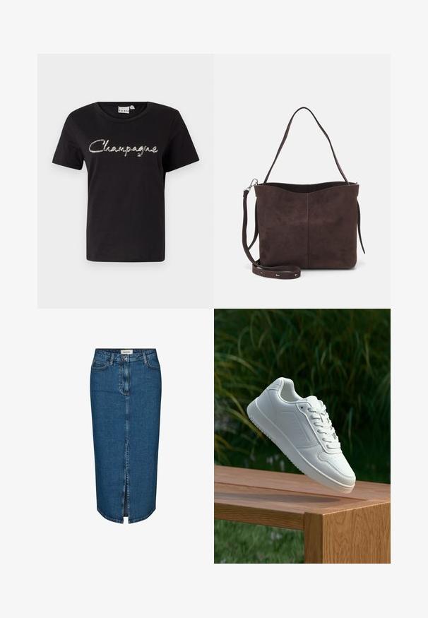 Musta puuvillapaita lyhyillä hihoilla, pyöreällä kaula-aukolla ja hopeisilla, paljeteilla koristeltu "Champagne"-teksti edessä.; Tummansininen denim-mekko, jossa on edessä halkio, viisi taskua ja kontrastiväriset saumat. Keskikorkea vyötärö ja klassinen muotoilu.; Valkoiset tennarit, joissa on sileä synteettinen päällinen, rei'itetty varvasosa, litteät nauhat ja teksturoitu pohja, esillä puupinnalla.; Ruskea mokkanahkainen kassi, jonka pinta on pehmeä. Kassissa on yksi olkahihna ja hienovarainen, kaareva yläaukeama. Ei näkyviä metalliosia.