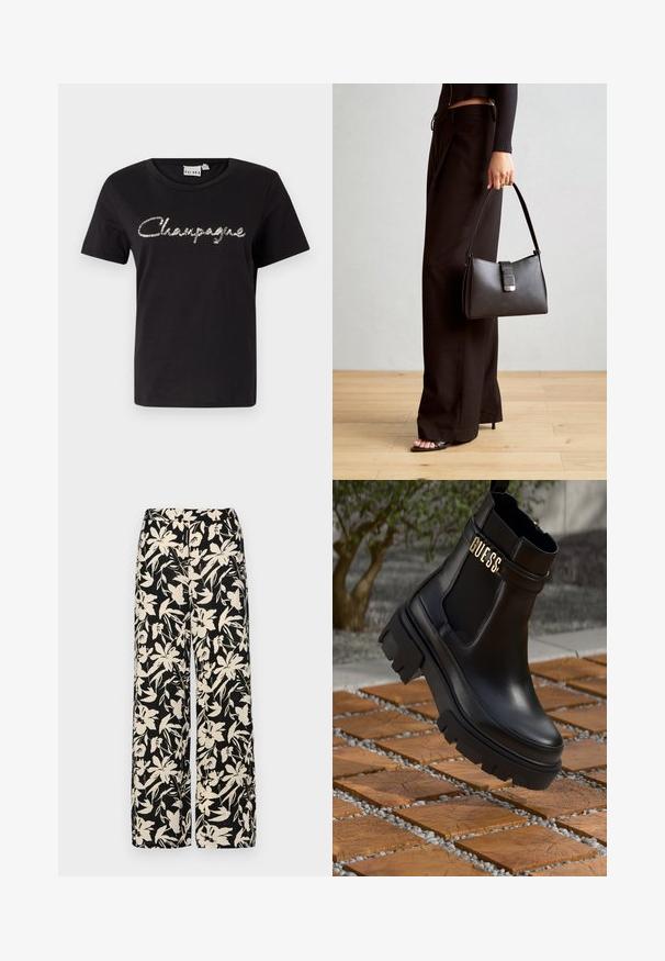 Čierne bavlnené tričko s krátkymi rukávmi, okrúhlym výstrihom a strieborným flitrovým nápisom "Champagne" cez prednú stranu.; Čierne nohavice s širokými nohavicami a krémovým kvetinovým vzorom. Vyrobené z ľahkej látky, s hladkou textúrou a vysokým pásom.; Čierne kožené členkové topánky s masívnou gumovou podrážkou, elastickými bočnými panelmi a zlatým akcentom s logom "GUESS".; Čierna kabelka so štruktúrovaným tvarom, hladkou textúrou a kovovou sponou. V kombinácii so širokými čiernymi nohavicami a sandálmi s otvorenou špičkou na drevenej podlahe.
