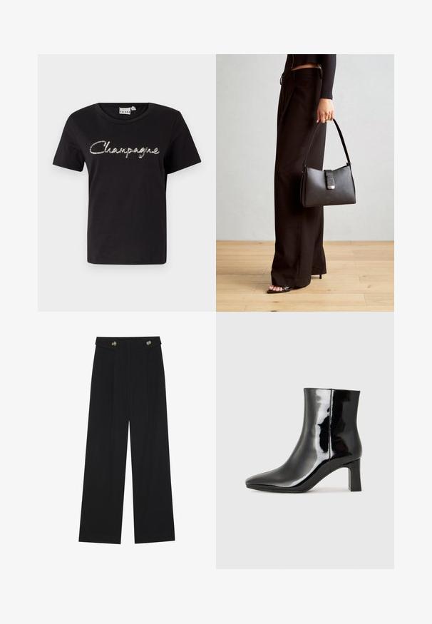 Mustmust värvi puuvillane T-särk lühikeste varrukatega, ümmargune kaelus ja hõbedaste sequins-tähtedega "Champagne" tekstikujundus ees.; Mustad laiad püksid kõrge vöökoha ja nööpdetailidega vööandil, esikortsudega.; Must-sinine nahkjalats musta läikiva viimistlusega, millel on terav nina ja keskmise kõrgusega plokk konts. Sile tekstuur ja minimalistik disain.; Must musta kott, millel on struktureeritud kuju, sile tekstuur ja metallist klamber. Kombineeritud laiate mustade pükstega ja avatud varvaste sandaalidega puidust põrandal.