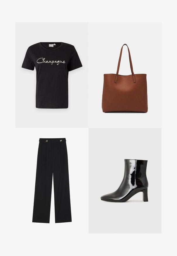 Črna bombažna majica s kratkimi rokavi, okrogel ovratnik in srebrno bleščeča napis "Champagne" na sprednji strani.; Črne široke hlače s visokim pasom, gumbnimi detajli na pasu in sprednjimi gubami.; Črne lakirane gležnjarje z ošiljenim nosom in srednje visokim blokastim peto. Gladka tekstura in minimalističen dizajn.; Rjava usnjena torba z gladko teksturo, odprto zasnovo zgoraj in dvema naramnima trakovoma. Opremljena je z minimalnim šivanjem in brez vidnih kovinskih delov.