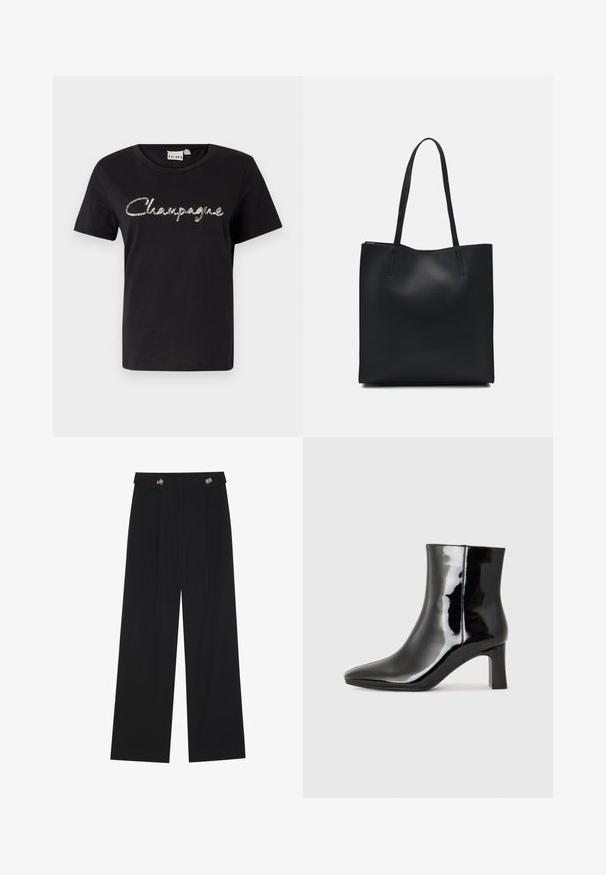 Black cotton t-shirt with short sleeves, crew neck, and a silver sequined "Champagne" text design across the front.; Black wide-leg trousers with high waist, button details on waistband, and front pleats.; Black patent leather ankle boot with a pointed toe and a mid-height block heel. Smooth texture and minimalist design.; Black leather tote bag with smooth texture, rectangular shape, and two long handles. No visible hardware or embellishments.