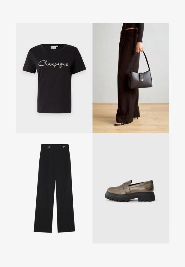 Mustmust värvi puuvillane T-särk lühikeste varrukatega, ümmargune kaelus ja hõbedaste sequins-tähtedega "Champagne" tekstikujundus ees.; Mustad laiad püksid kõrge vöökoha ja nööpdetailidega vööandil, esikortsudega.; Metallik oliivroheline nahast mokasiin, millel on ümar varvas, mustal jämedal kummitaldadel ja minimaalne õmblusdetail pealsel.; Must musta kott, millel on struktureeritud kuju, sile tekstuur ja metallist klamber. Kombineeritud laiate mustade pükstega ja avatud varvaste sandaalidega puidust põrandal.