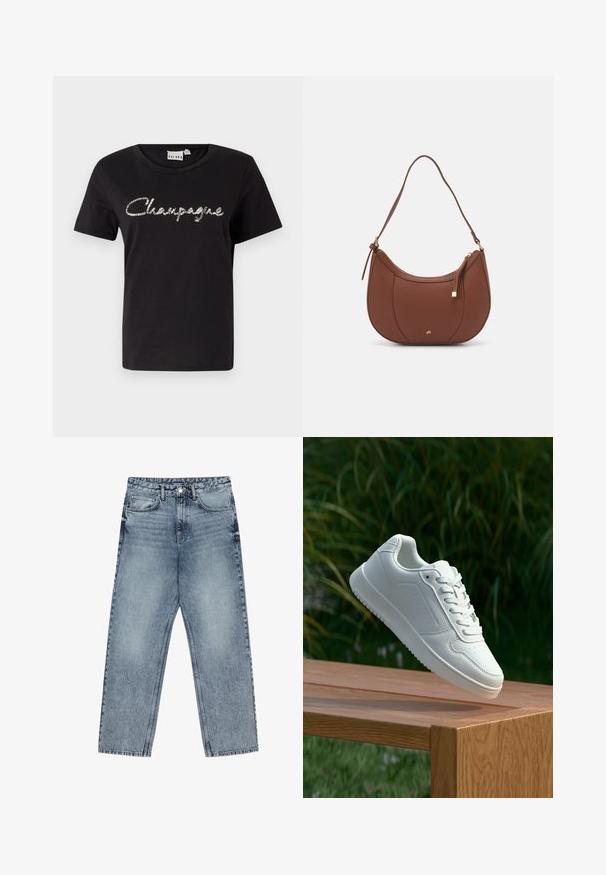 Black cotton t-shirt with short sleeves, crew neck, and a silver sequined "Champagne" text design across the front.; Light blue denim jeans with a straight leg cut, visible stitching, five pocket design, and a button closure at the waist.; White sneaker with a smooth synthetic upper, perforated toe box, flat laces, and a textured sole, displayed on a wooden surface.; Brown faux leather shoulder bag with curved shape, minimal stitching, and a gold-tone hardware accent. Features a top zipper closure and adjustable strap.