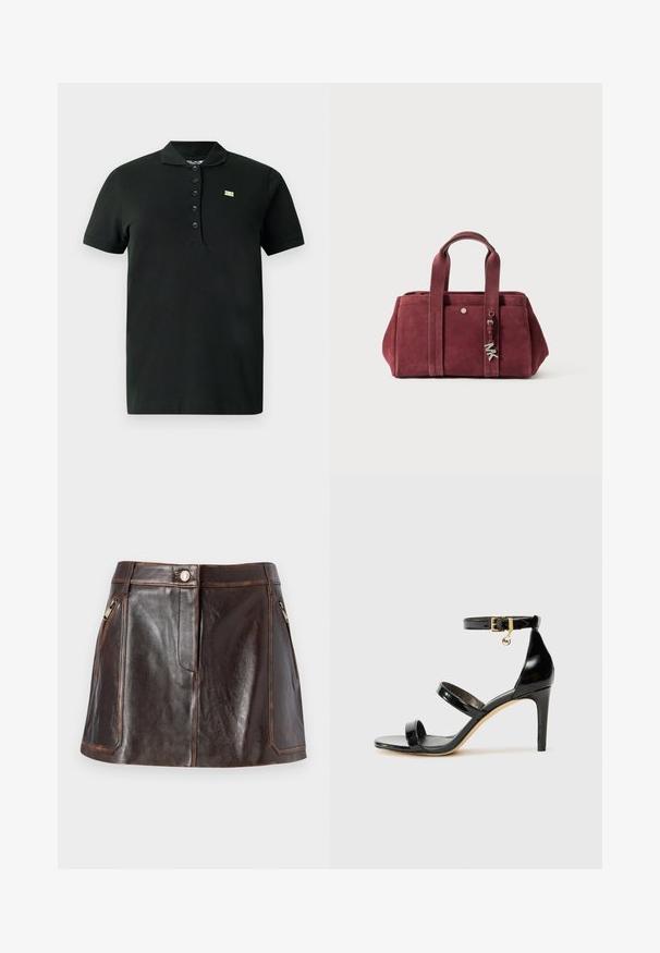 Černé polo tričko z měkké tkaniny; má límec, krátké rukávy, šestidílný knoflíkový límec a malé zelené logo na hrudi.; Černá kožená košile s knoflíkovou přední částí, špičatým límcem a dvěma náprsními kapsami. Vyznačuje se volným střihem a hladkou texturou.; Hnědá kožená mini sukně s elegantním designem, dvěma bočními zipovými kapsami a kontrastním šitím podél okrajů.; Černé lakované kožené sandály se třemi pásky, sponou na kotníku a 10 cm jehlovým podpatkem. Obsahují zlaté kovové detaily a logo přívěsek.; Bordó semišová kabelka s dvěma horními uchy, zipovým uzávěrem, přední kapsou a kovovým přívěskem. Obdélníkový tvar s měkkou strukturou.