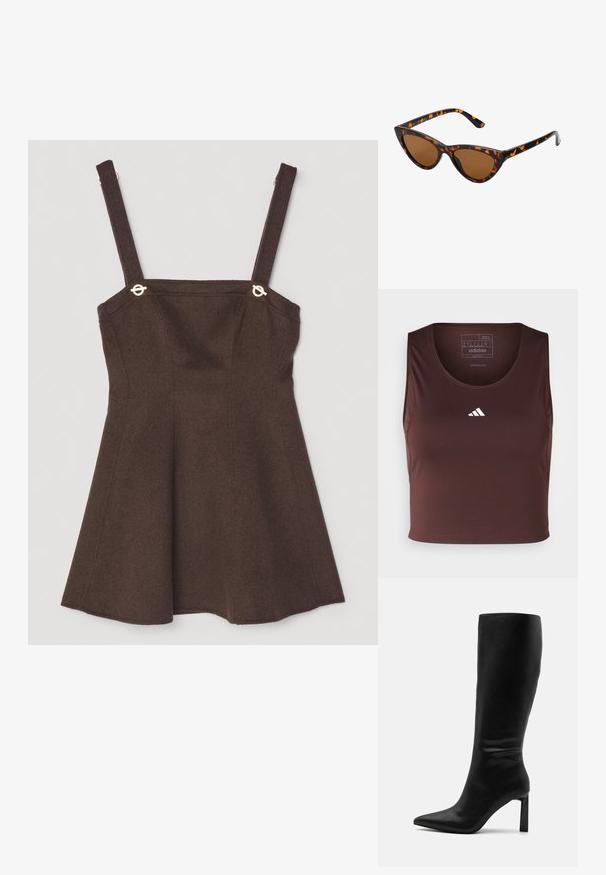 adidas Performance TECHFIT CROPPED - Top - shadow brown; Smeđa haljina bez rukava s podesivim naramenicama, s zlatnim detaljima i lepršavim A-linijskim dizajnom. Tekstura od mješavine vune.; Even&Odd Čizme - black; Sunglasses u obliku mačjih očiju s okvirom u crno-narančastom kornjačevom uzorku, smešnim lećama i elegatnim, šiljastim vrhovima. Sadrži minimalni logo na dršci.