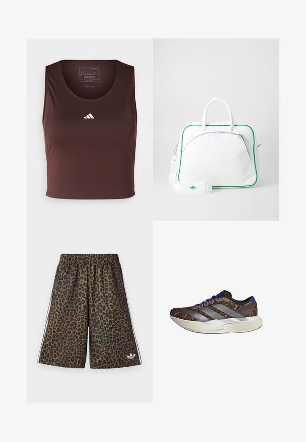 adidas Performance TECHFIT CROPPED - Top - shadow brown; Leopardenprint-Shorts in Braun und Schwarz, mit elastischem Bund und weißen Seitenstreifen. Aus glattem, leichtem Material gefertigt.; Laufschuh mit einem Obermaterial im braunen Leopardenmuster, silbernen Streifen, blauen Akzenten und einer weißen Zwischensohle mit der Bezeichnung "LIGHTSTRIKE PRO." Leichtes Design.; Weiße Lederhandtasche mit grünen Akzenten, ausgestattet mit einem auffälligen geprägten Logo, zwei Griffen, einem abnehmbaren Schulterriemen und einer Reißverschlusstasche auf der Vorderseite.