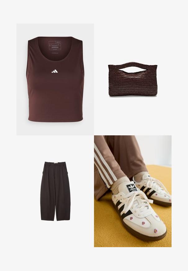 adidas Performance TECHFIT CROPPED - Top - shadow brown; Black wide-leg trousers made from a smooth fabric, featuring a high waist, front pleats, and side pockets. Simple design without embellishments.; White leather sneakers with three black stripes and floral embroidery in purple and yellow. Brown rubber sole. Paired with beige ribbed socks.; Woven brown leather handbag with a rounded top handle and an open silhouette, featuring a textured surface and sleek, minimalist design.
