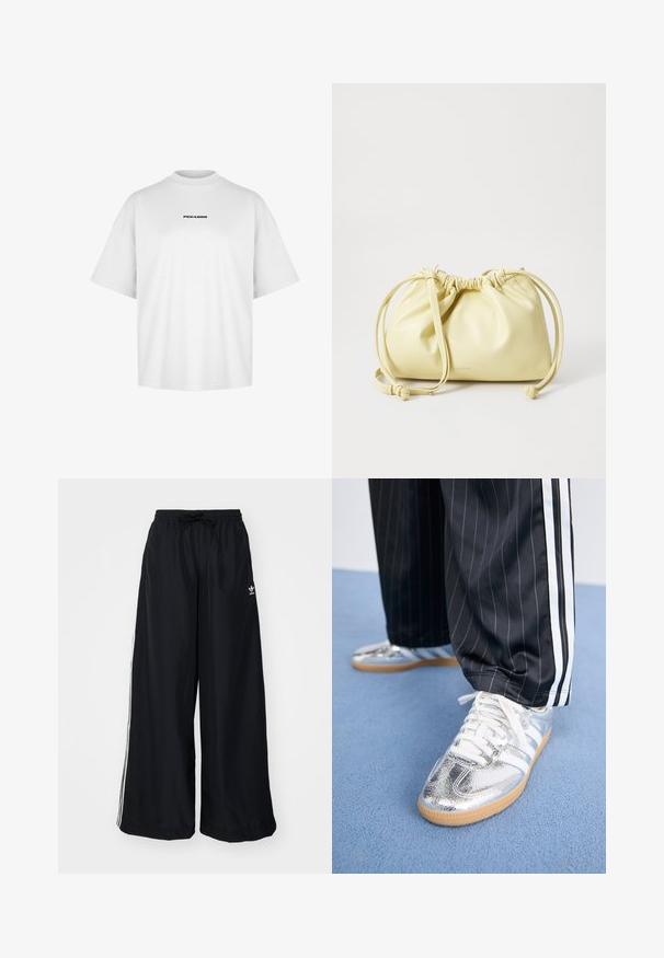 Valkoinen puuvillapaita, jossa on korkea crew-kaula-aukko ja lyhyet hihat. Keskiössä rintaan on painettu mustalla "PEGADOR".; Mustat leveät housut, jotka on valmistettu kevyestä kankaasta. Varustettu joustavalla vyötärökaistalla, jossa on kiristysnauha, ja valkoisilla sivusuunnilla. Brändin logo lantiossa.; Metalliset hopeiset lenkkarit, joissa on valkoiset nauhat ja kolme valkoista raitaa, yhdistettyinä mustiin ohutraitapöyhkäsekiin. Kumipohjan korostus alareunassa.; Keltainen nahkainen laukku kerätty muotoilu, säädettävä nyöri suljenta ja yksi pitkä olkahihna. Vähäinen brändäys pohjassa.