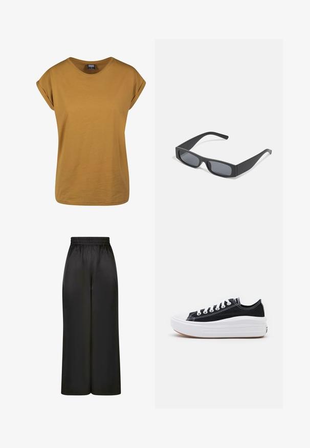 Camiseta de manga corta color mostaza con cuello redondo, hecha de suave tejido de algodón, con puños enrollados y un corte relajado.; Pantalones negros de pierna ancha hechos de una tela suave y brillante, con una cinturilla elástica y sin bolsillos visibles ni detalles de metal.; Zapatillas de lona negras con cordones blancos, puntera de goma blanca y una suela blanca gruesa. Presenta costuras blancas sutiles y una suela de goma.; Gafas de sol negras rectangulares con lentes oscuros y montura gruesa mate. Las varillas son ligeramente cónicas con una textura suave.