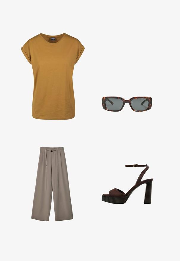 T-shirt giallo senape a maniche corte con collo rotondo, realizzato in morbido cotone, con maniche arrotolate e una vestibilità rilassata.; Pantaloni a gamba larga in un morbido tessuto grigio tenue, con vita con cintura e pieghe per un tocco di design aggiuntivo. Texture liscia, senza motivi.; Sandal in camoscio marrone con tacco alto, punta aperta, cinturino alla caviglia regolabile e suola a piattaforma striata.; Occhiali da sole tartaruga con lenti rettangolari, montatura spessa e lenti scure. Texture liscia e design minimalista.