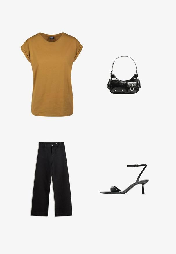 Senfgelbes T-Shirt mit kurzen Ärmeln und Rundhalsausschnitt, aus weichem Baumwollstoff gefertigt, mit aufgerollten Ärmelabschlüssen und einem lässigen Schnitt.; Schwarze weit geschnittene Jeans mit hoher Taille, ausgestattet mit Vorder- und Hintertaschen, gesteppten Nähten und einem Knopfverschluss. Glatte Textur.; Bershka High Heel Sandalette - black; Schwarze Lackleder-Handtasche mit geschwungenem Design, einem Schulterriemen, Vordertaschen und silberfarbenen Hardware-Akzenten.