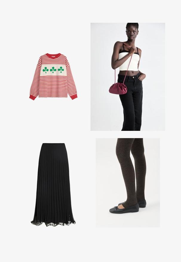 Lange mouwen shirt met rood-witte horizontale strepen en drie grote groene klavertjes over de borst.; Witte t-shirt met korte mouwen en een V-hals, voorzien van een delicate kantafwerking aan de halslijn en de mouwranden, gemaakt van lichtgewicht stof.; Zwarte geplisseerde maxi rok van lichtgewicht stof met een vloeiende ontwerp. Voorzien van een gerimpelde zoom en een elastische tailleband voor comfort.; Zwarte platte schoenen met een kleine strikdetail op de neus, gecombineerd met donkerbruine geribbelde panty’s. De schoenen hebben een gladde textuur en een lage profiel.; Bordeaux zachte stoffen handtas met een geplooid ontwerp en een lange schouderband, crossbody gedragen. Model draagt een witte crop top en zwarte jeans.