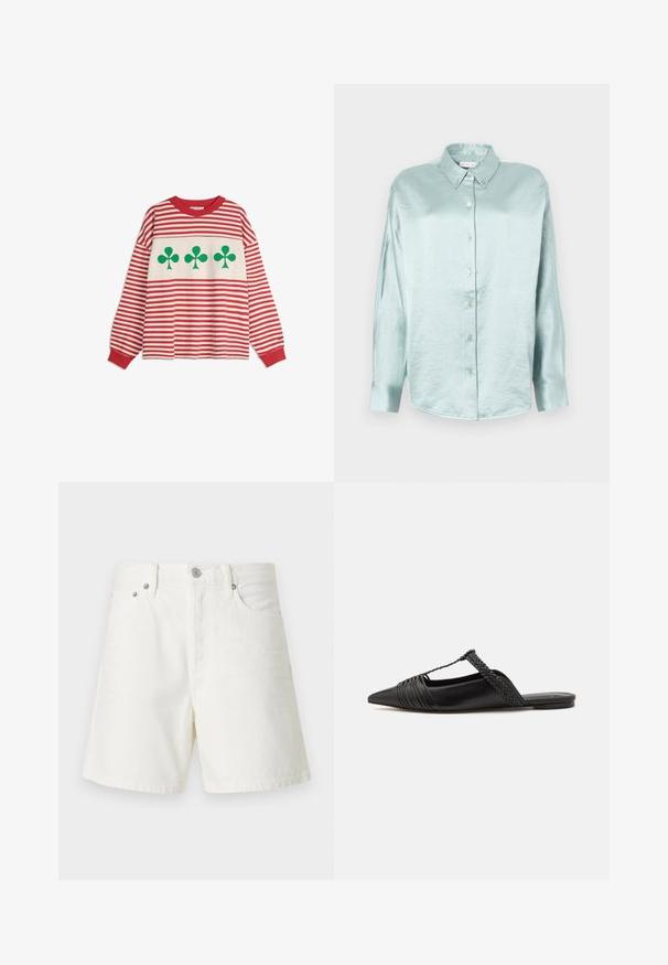 Long-sleeve shirt with red and white horizontal stripes and three large green clover symbols across the chest.; Light blue button-up shirt made of a shiny, soft fabric; features a collar, long sleeves, and rounded hem with a relaxed fit.; White denim shorts with a straight cut, five-pocket design, front button closure, silver hardware, and stitched detailing.; Black leather slingback shoe with a pointed toe, featuring a woven accent and pleated upper design. Flat sole with minimal hardware.