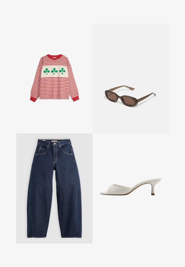 Langærmet skjorte med røde og hvide vandrette striber og tre store grønne kløver-symboler på tværs af brystet.; Mørkeblå denim jeans med løs pasform, lyse syninger, fem lommer og en knaplukning ved taljen.; Hvide åbne højhælede mules med en glat finish, minimalistisk design og en slank hæl, der har en subtil brun accent på sålen.; Brune ovale solbriller med mørke linser. Stellet er lavet af transparent brunt materiale og har et logo trykt på stængerne.; Grøn lædertaske med en glat tekstur, buet form og flettet håndtag. Har lynlås lukning og justerbar rem.