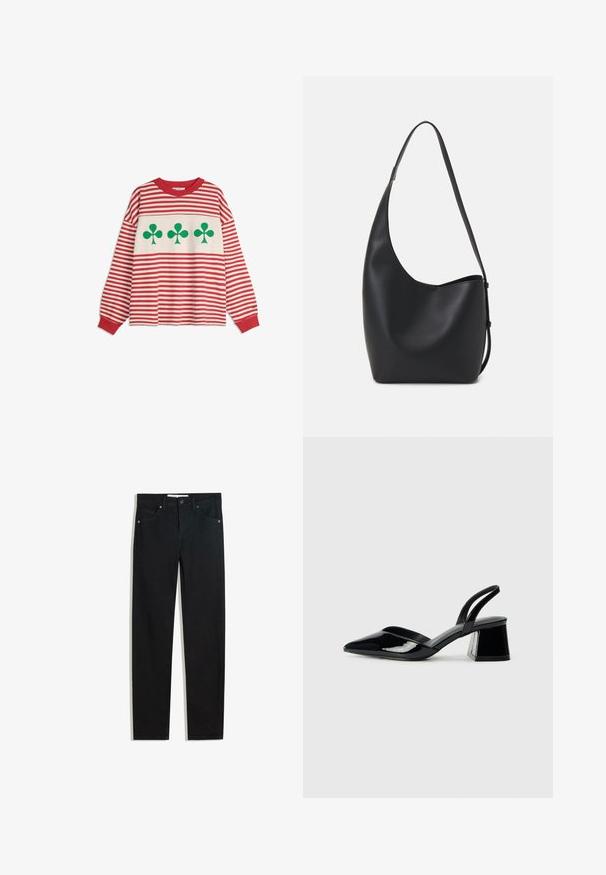Langarmshirt mit rot-weißen horizontalen Streifen und drei großen grünen Kleeblättern auf der Brust.; Schwarze Jeans mit geradem Bein, fünf Taschen, Metallknopfverschluss und dezenten Nähten. Glatte Textur.; Schwarze Lackleder-Slingback-High Heels mit spitzem Schuh und einem geometrischen Blockabsatz. Verfügt über ein schlankes, minimalistisches Design und eine glatte Textur.; Schwarze Leder-Hobo-Tasche mit einer glatten Textur, geschwungener Form und einem einzelnen verstellbaren Tragegurt; verfügt über eine weite Öffnung am oberen Ende.