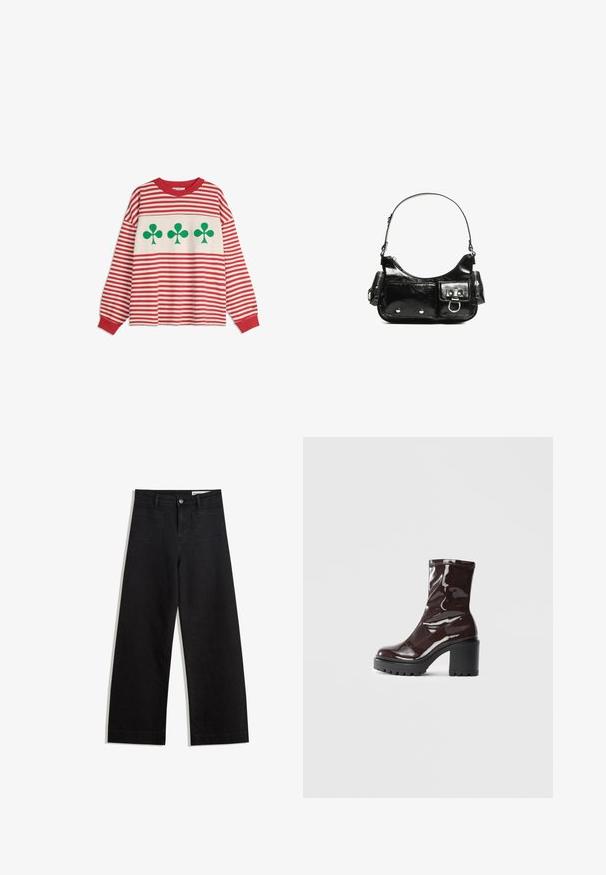 Long-sleeve shirt with red and white horizontal stripes and three large green clover symbols across the chest.; Black wide-leg denim pants with a high waist, featuring front and back pockets, stitched seams, and a button closure. Smooth texture.; Glossy burgundy ankle boot with a chunky black heel, featuring a smooth texture and simple design. No visible fastenings or patterns.; Black patent leather handbag with a curved shape, one shoulder strap, front pockets, and silver-tone hardware accents.