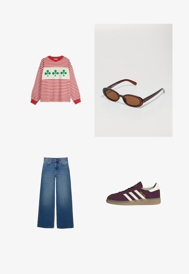 Maglietta a maniche lunghe con righe orizzontali rosse e bianche e tre grandi simboli di trifoglio verde sul petto.; Jeans a gamba larga di colore blu, realizzati in denim, con vita alta, dettagli cuciti e un design semplice con un leggero effetto sbiadito.; Sneaker in camoscio bordeaux con tre strisce bianche e accenti beige. Presenta una suola in gomma testurizzata e un marchio dorato sul lato.; Occhiali da sole rotondi con tonalità marrone, montatura lucida color bordeaux. Aste sottili con un sottile dettaglio del marchio. Design delle lenti piatte.; Borsa a tracolla in pelle intrecciata marrone con una forma triangolare morbida. Presenta una maniglia intrecciata e una chiusura con zip lungo la parte superiore.