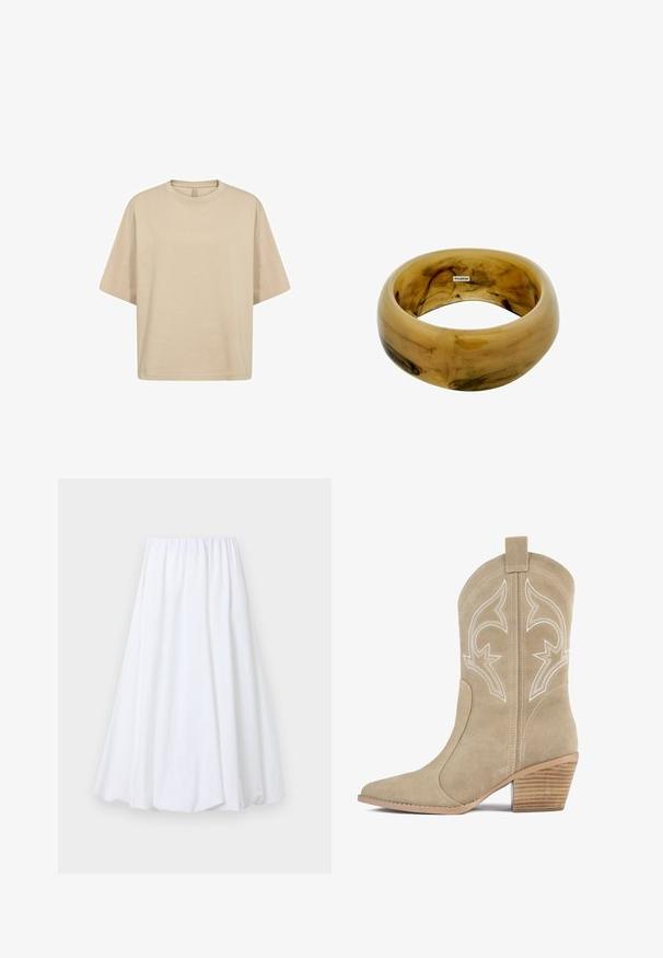 Beige oversized cotton t-shirt with short sleeves, a round neckline, and a smooth texture. No visible logos or patterns.; White ankle-length skirt featuring an elastic waistband, made from lightweight fabric with a smooth texture and a flowy silhouette.; Beige suede cowboy boot with pointed toe, decorative white stitching, and stacked wooden heel. Features a pull tab at the back.; Translucent brown resin bangle with a smooth, rounded surface and subtle marbling; features a small branded label on the interior.