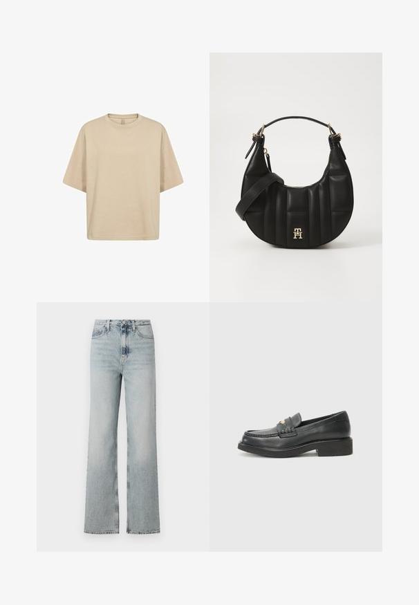 Beige oversized katoen t-shirt met korte mouwen, een ronde halslijn en een gladde textuur. Geen zichtbare logo's of patronen.; Hoge taille, lichtblauwe denim jeans met een brede pijp-silhouet, uitgerust met vijf zakken en een subtiele vervaging langs de stof.; Zwarte leren loafers met een geweven accent op de wreef, een gouden logo-detail en een stevige zwarte rubberen zool. Gladde textuur met een lichte glans.; Zwarte leren handtas met een gebogen vorm, gevoerd textuur en gouden hardware. Beschikt over een afneembare schouderband en logo-detail.