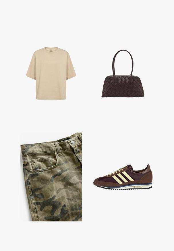 Beige oversized katoen t-shirt met korte mouwen, een ronde halslijn en een gladde textuur. Geen zichtbare logo's of patronen.; Next Jeansshort - camo print; Bruine en bordeauxkleurige sneaker van suede en mesh materiaal, met drie crèmekleurige strepen, een gemêleerd stof op de tong en een rubberen zool.; Gevlochten bruine leren handtas met ronde vorm, dubbele bovenhandvaten en een gladde textuur; kenmerken subtiele stitching voor ontwerpdetaillering.
