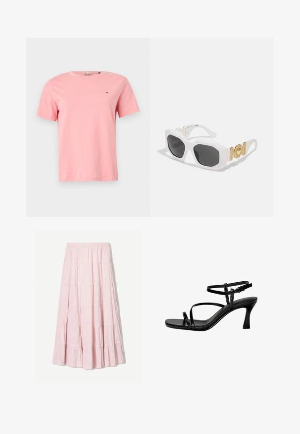 Ružićasta pamučna majica s okruglim izrezom, kratkim rukavima i malim izvezenim logotipom na lijevoj strani grudnog koša. Glatka tekstura, ležeran kroj.; Svijetlo ružičasta, slojevita maxi suknja izrađena od teksturirane, lagane tkanine. Elastična jedinica struka i lepršavi rub s naborima.; Crne kožne sandale s potpeticom, s tankim trakicama, kvadratnim prstom i stiletto potpeticom. Podešavajuća traka oko gležnja za bolj fits. Glatka tekstura.; Bijele osmerokutne sunčane naočale s tamnim lećama. Značajke uključuju zlatne akcentne dijelove i teksturirani dizajn na ručkama.; Crna sintetika torba za rame s zakrivljenim oblikom, teksturiranim završetkom, zlatnim trokutastim logotipom i odvojivim hardverskim naglascima.