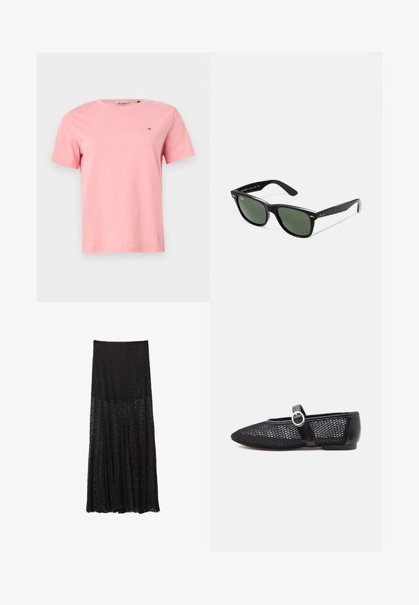 Růžové bavlněné tričko s kulatým výstřihem, krátkými rukávy a malým vyšitým logem na levé hrudi. Hladká textura, ležérní střih.; Černá krajková maxi sukně s patrovým designem, texturovaným vzorem a volným siluetou. Elastický pas pro nastavitelnou velikost.; Černé síťované baleríny Mary Jane s kulatou špičkou, nastavitelným popruhem, stříbrnou sponou a pevným opatek na bílém pozadí.; Černé plastové sluneční brýle se zelenými skly, čtvercové obroučky, stříbrný detail na obočí a texturované stranice. Značka uvedená na vnitřní straně stranic.; Černá syntetická kabelka s oblým tvarem, stříbrný řetízkový popruh, zipové zavírání a vyražené logo značky na přední straně. Hladký povrch.